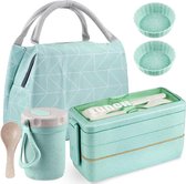 Lunchbox voor volwassenen, broodtrommel en drinkfles, tassenset, broodtrommel voor kinderen met 3 vakken, Japans lekvrij Bento Box, magnetronbestendig, groen