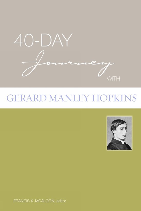 Boekcover met '40-Day Journey with Gerard Manley Hopkins' in witte en paarse letters, met een portret van Gerard Manley Hopkins.
