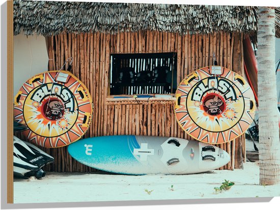 Hout - Surfplank en Zwembanden bij Rieten Hutje op het Strand - 60x40