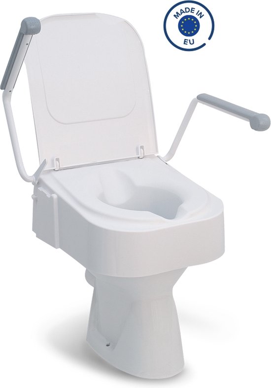 Witte toiletverhoger met grijze armleuningen en 'Made in EU'-label.