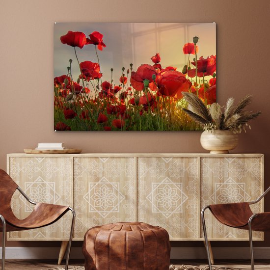 Peinture sur verre Fleurs - Coquelicots - Rouge - Coucher de soleil - Peintures de salon - Photo sur verre - Plaque de verre - Décoration de chambre - 120x80 cm - Décoration murale - Décoration murale - Chambre - Peinture sur verre