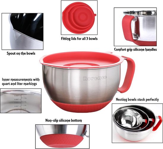 Lot De 3 Bols à Mélanger Rorence En Inox – Bec Verseur, Fond Antidérapant, 1,5/3/5 L