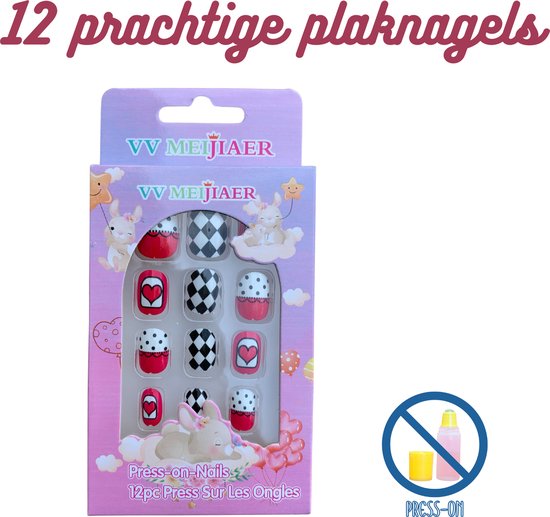 Foto: Plaknagels 12 nagels kinderen geen lijm nodig checkered hearts