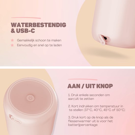 Vulpes Goods® BabyCare - Flessenwarmer Onderweg Pro - Draagbare Baby Flessenwarmer - Intelligente Flesverwarmer - 4 Temperatuurniveaus - 6 Adapters - Draadloos - Roze