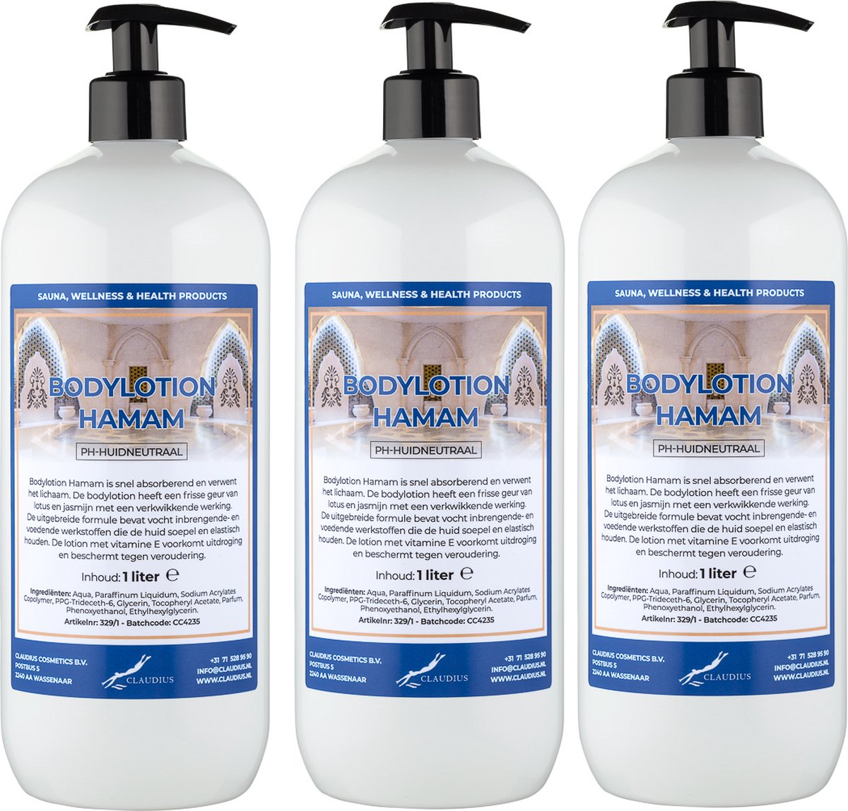 Bodylotion Hamam 1 Liter - met gratis pomp - set van 3 stuks