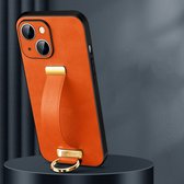 Sulada LeatherTexture backcover met handvat shockproof en lensbeschermer voor de iPhone 14 oranje