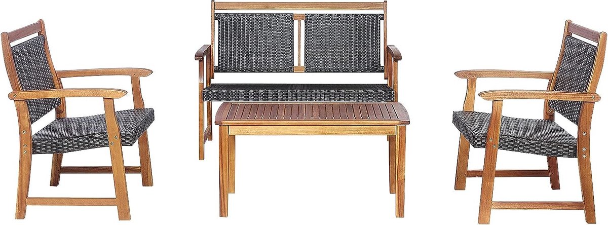 4-delige tuinmeubelset van polyrotan met acaciahouten zitset: 2 stoelen, bank & tafel. Rotan loungeset voor balkon.