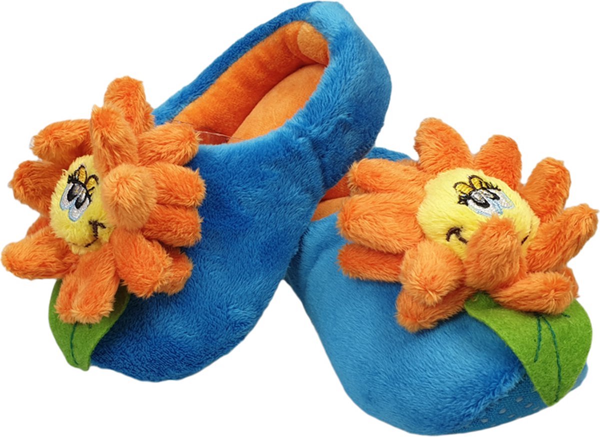 Elcee-Haly – Klomp slofjes – Blauwe Pantoffelklompje met oranje bloem – Warme sloffen – Blauw/Oranje – Maat 22-24