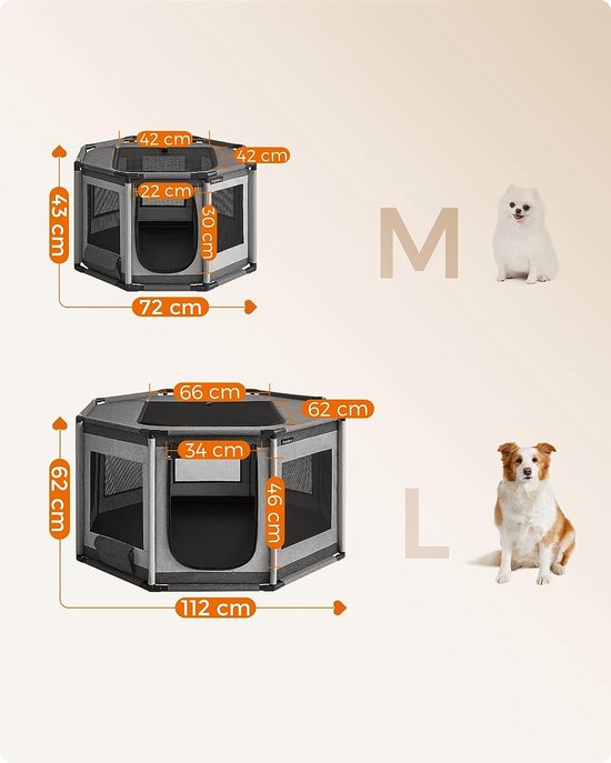 lionto Puppyren van Oxford-stof, ademend gaas met rits & zijvak, speelren voor honden & katten met PVC-buizenframe, achthoekige hondenkooi, 112x112x62 cm, grijs