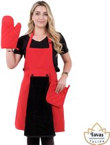 Tulipa rode Keukenschort Set van 5 met zwarte Handdoek en Ovenwanten Pannenlappen Professioneel Verstelbaar Kookschort BBQ Schort Horecakwaliteit Schorten voor vrouwen One Size Fits All
