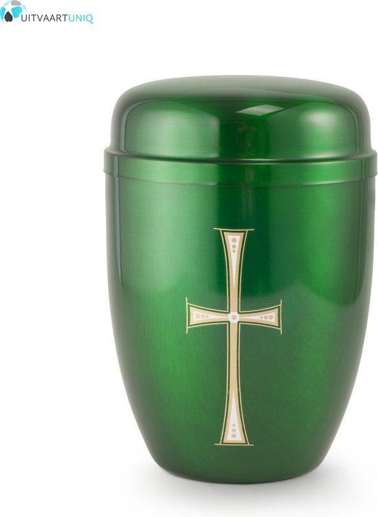 Bokaal urn groen met kruis - staal