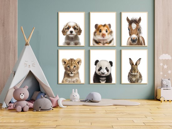 Posterset 6 baby dieren - Hond, hamster, paard, leeuw , konijn en pandabeer. Muurdecoratie kinderkamer. 50x70cm met zwarte kunststof wissellijst