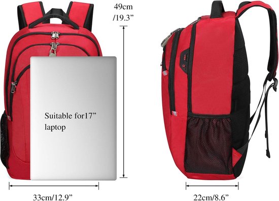 Waterdichte anti-diefstal rugzak voor 17,3 inch (44 cm) laptop herenrugzak met USB-aansluiting schoolrugzak grote business notebook backpack voor werk reizen mannen jongens, D-ultralicht-rood, 17,6 Zoll, Rugzak