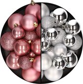 Kerstballen 60x stuks - mix oudroze/zilver - 4-5-6 cm - kunststof - kerstversiering