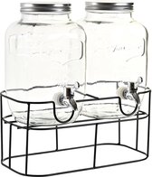 Items Drank dispensers/limonadetap - set van 2x stuks - 4 liter - glas - in houder met metalen kraantje