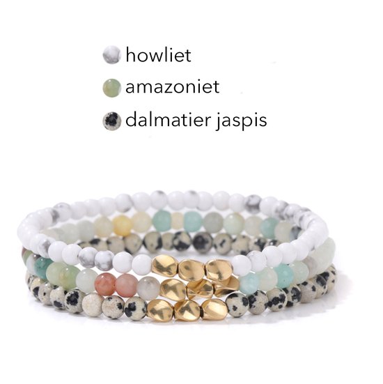 Marama - ensemble de bracelets blanc du Tibet - élastique - pierre précieuse - jaspe - amazonite - howlite - ensemble de 3 - bracelet pour femme