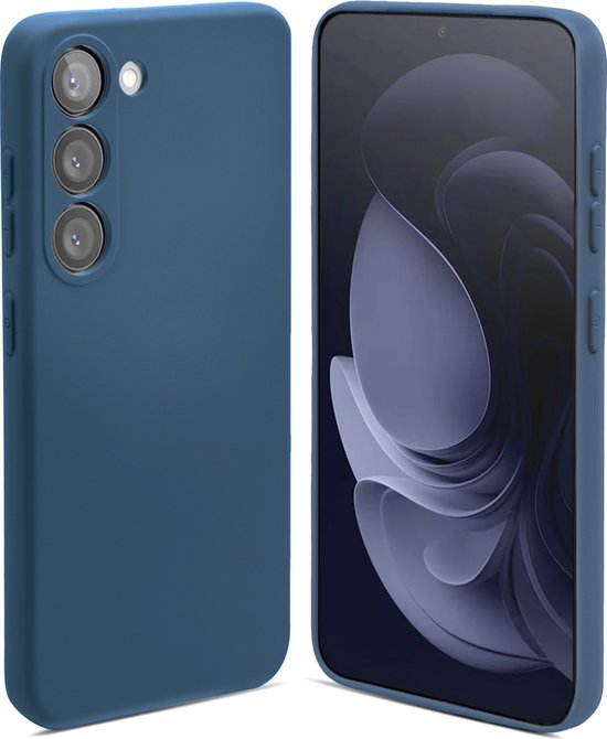 Donkerblauw siliconen hoesje, getoond aan de achterkant en op een Samsung Galaxy A34.