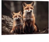 Dibond - Moeder vos en kind zitten in een bos - 100x75 cm Foto op Aluminium (Met Ophangsysteem)