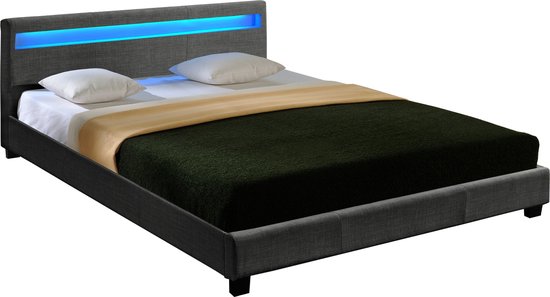 Houten Bed Mica - Stof - LED verlichting Bedbodem - 180x200 - Donkergrijs - Modern Design