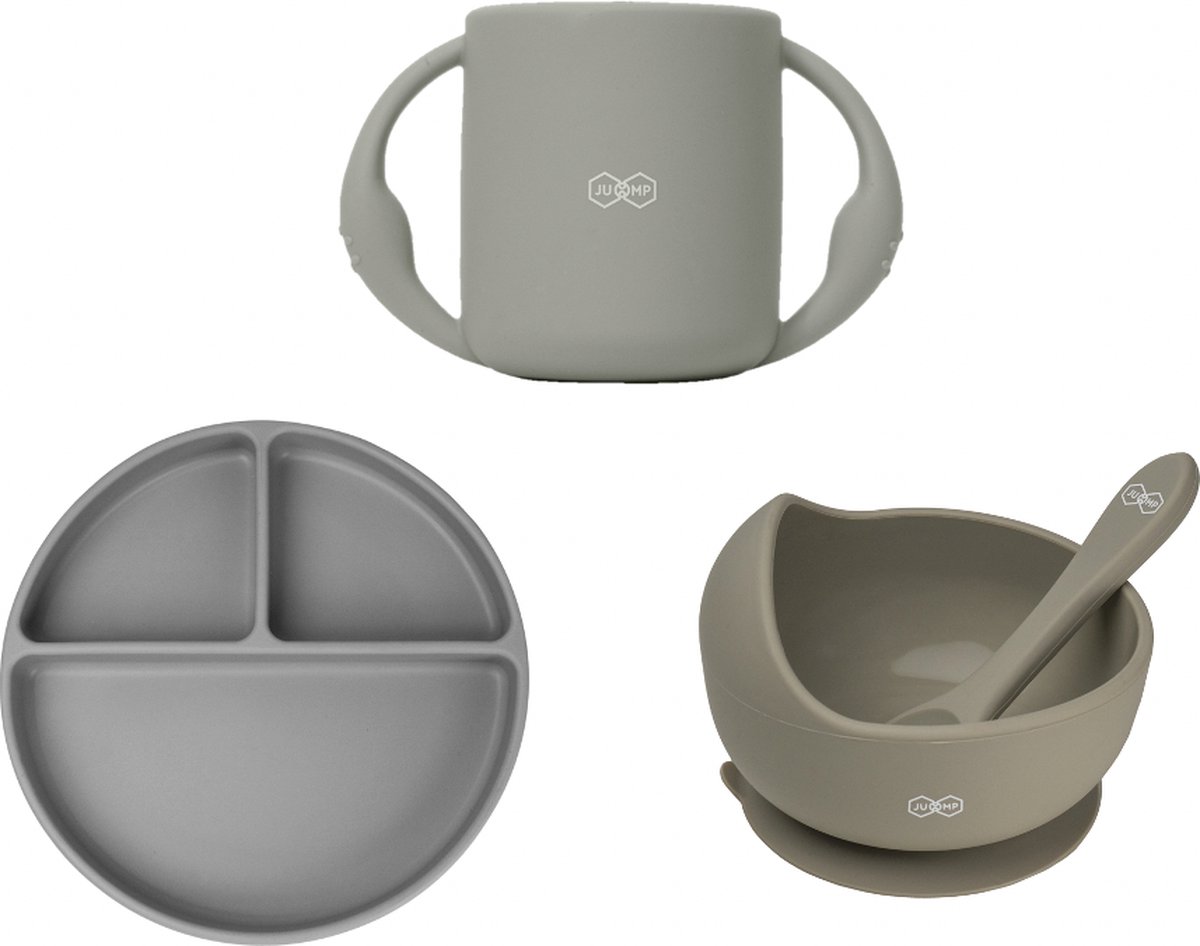 Goedkoopste JU&MP Kinderserviesset - Baby - Kinderbordje met Zuignap - Kommetje met Lepel - Oefenbeker - Kraamcadeau - Grijs