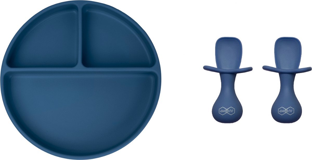 Goedkoopste JU&MP Kinderserviesset - Baby - Kinderbordje met Zuignap - Kinderbestek - Kraamcadeau - Donkerblauw