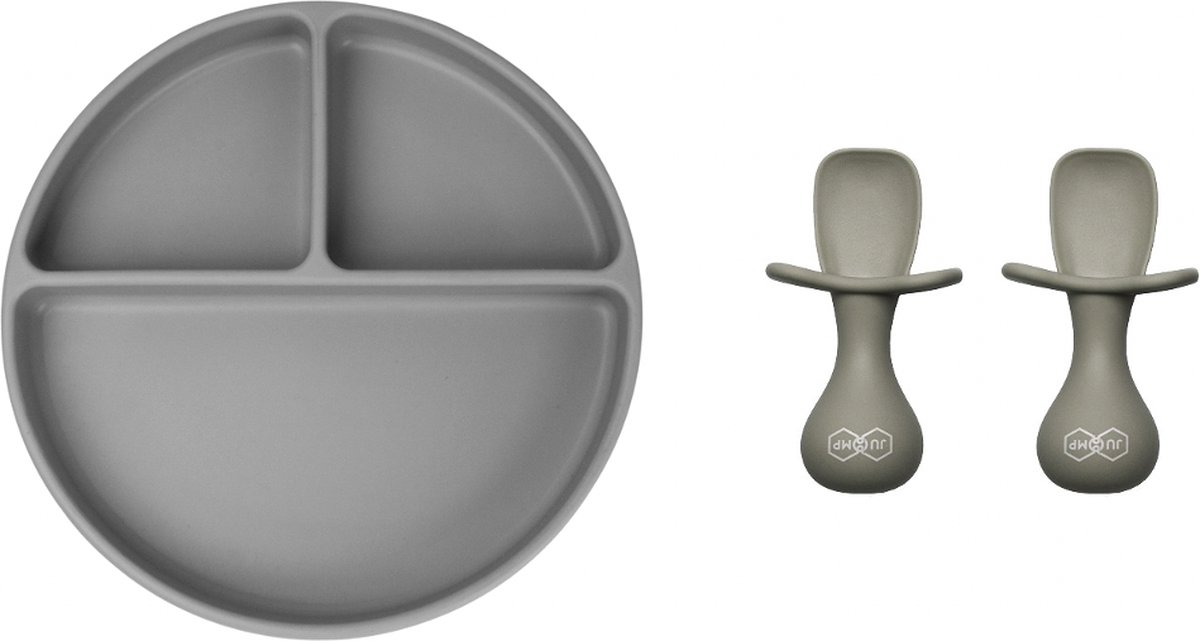 Goedkoopste JU&MP Kinderserviesset - Baby - Kinderbordje met Zuignap - Kinderbestek - Kraamcadeau - Grijs