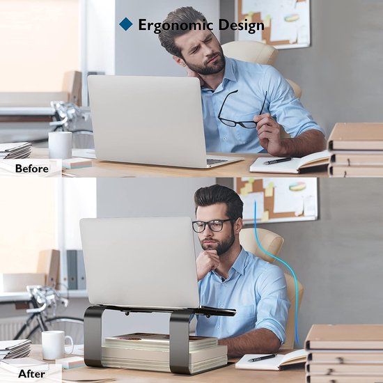 muso wood Ergonomische geventileerde houten laptopstandaard voor laptops van 10 tot 17,3 inch met notenhouten opbergbasis, verstelbare laptopstandaard voor laptops van 10 tot 17,3 inch