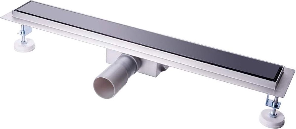 Douchegoot, zwart glas afvoer, veiligheidsglas, sifon met geurstop en haarzeef,...