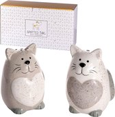 Peper en Zoutmolen Set van 2 - Keramiek Zoutmolen en Pepermolen - Ideaal Cadeau voor Kattenliefhebbers - Witte en Grijze Hartvormige Peper en Zout Shakers