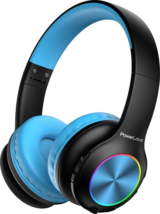 PowerLocus PLED Draadloze Koptelefoon Over-Ear voor Kinderen - LED lampjes - met Microfoon - Micro SD poort - Zwart/Blauw