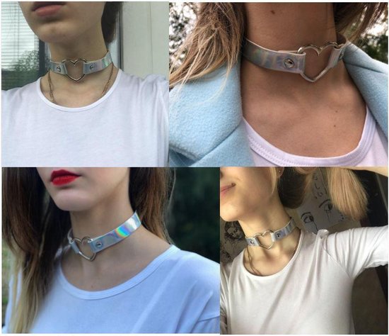 Collage van vier close-ups van een holografische choker met hartvormige uitsnijding, gedragen door modellen.