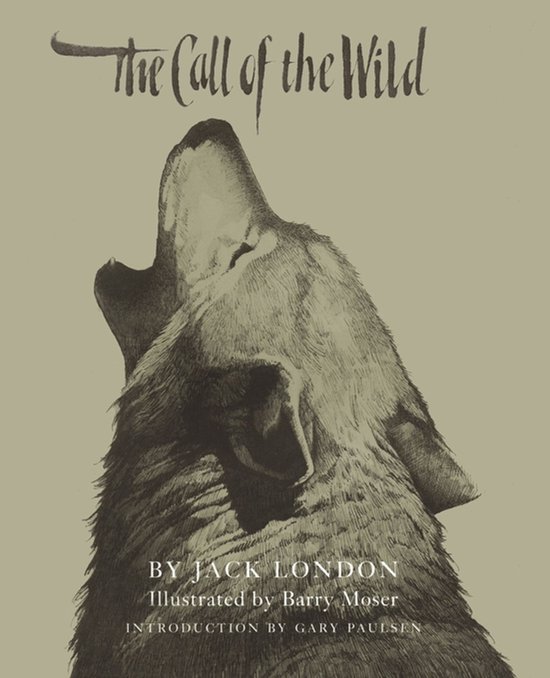 De kaft van "The Call of the Wild" toont een illustratie van een wolf die huilt, met de titel in sierlijke letters.
