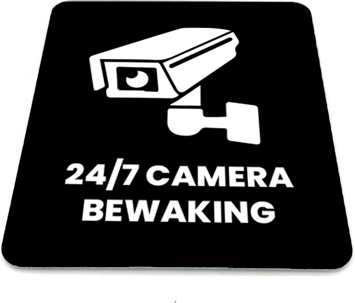 Deurbordje 24/7 camerabewaking - Zwart/wit met icoon - 12 x 10 cm - 1,6mm dikte - zelfklevend | Zwart/wit toplaag | Gratis Verzending | Incl. 3M-tape