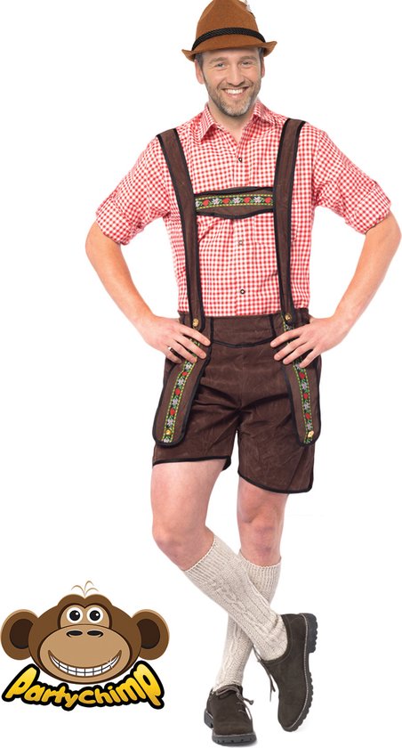 Partychimp Voordelige Korte Lederhose Man Johann Oktoberfest Heren Lederhosen Man Carnavalskleding Heren Carnaval - Polyester - Donkerbruin - Maat L