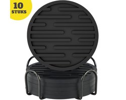 foto van BOTC Siliconen Onderzetters met Houder - Set van 10 - Onderzettersset - Onderzetters voor glazen - Zwart