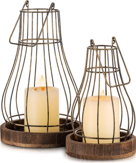 Lantaarn hout landhuis decoratie - rustieke kaarsenhouder houten lantaarns voor kaarsen landelijke stijl vintage lantaarns woonkamer mantel tuin binnen buiten decoratie tafeldecoratie