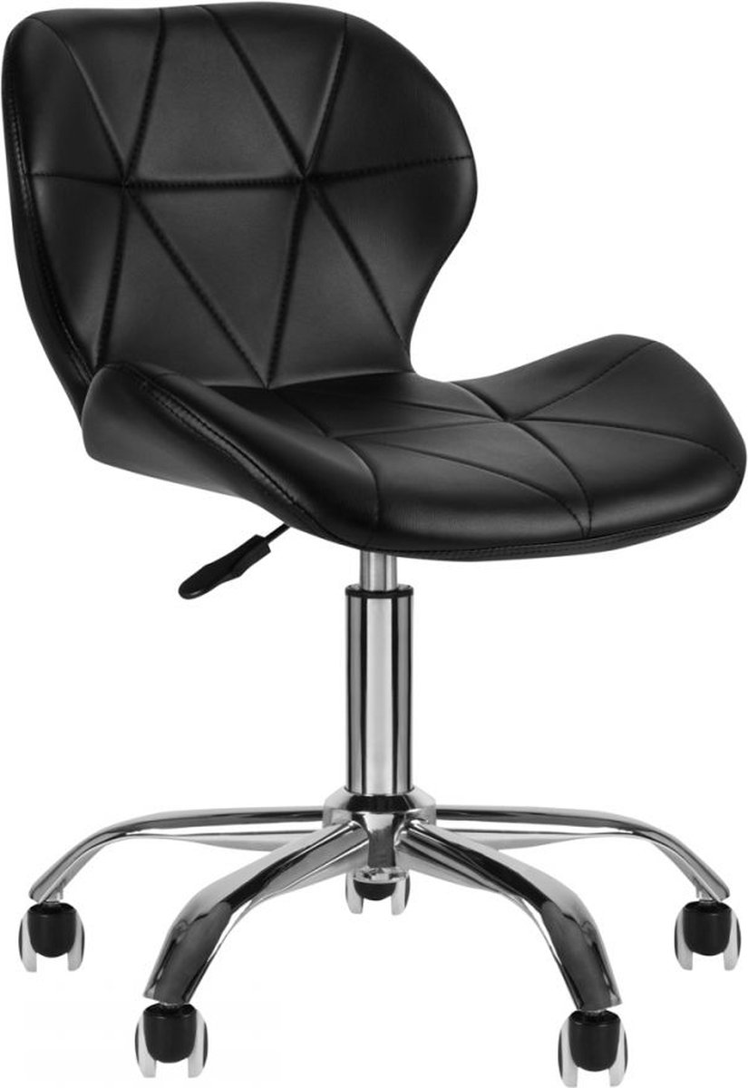Salonstoel met Wielen Verstelbaar Zwart – Met Rugleuning – Draaibaar – Beauty- en Werkstoel met Chromen Basis 4Rico QS-06