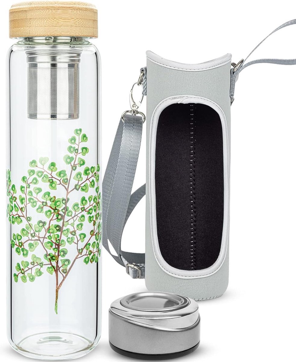 Relaxdays theefles met filter, 1 liter, glazen drinkfles to go, vaatwasserbestendig, theemaker, bamboe deksel, natuur