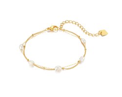 Twice As Nice Armband in goudkleurig edelstaal, dubbele ketting met 5 zoetwaterparels 15cm+4cm