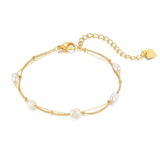 Bracelet Twice As Nice en acier inoxydable doré, double chaîne avec 5 perles d'eau douce 15 cm + 4 cm