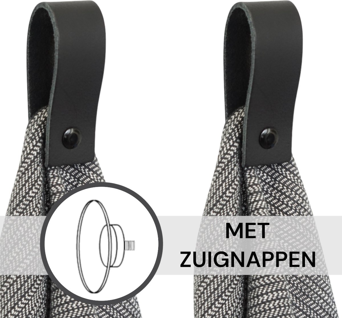 SETPRIJS - 2x Leren magneet-lus - met Zuignap + Plakstrip - ZWART - Handles and more® (handdoekhaak - handdoekhaakje - handdoeklus - handdoekhanger - magnetische handdoekhouder)