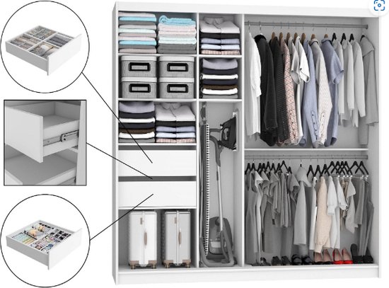 Kledingkast met spiegel, 2 schuifdeuren - Kleur: eiken en zwart - L217 Kledingkast met spiegel, 2 schuifdeuren - Kleur: eiken en zwart - L217
