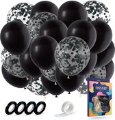 Fissaly® 40 stuks Zwarte Ballonnen met Lint – Verjaardag Versiering Decoratie – Papieren Confetti – Helium - Latex