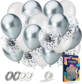 Fissaly 40 pièces Ballons Hélium Latex Argent, Blanc & Confettis en Papier Argenté avec Accessoires - Chromé Métallique - Décoration