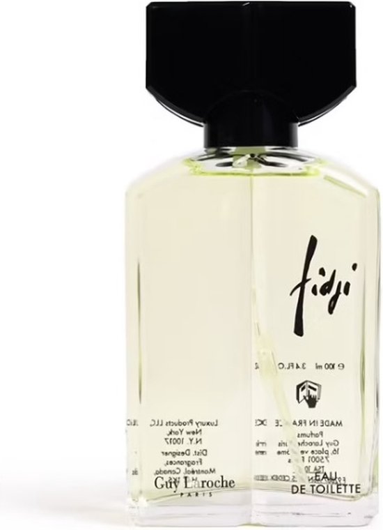 Glazen flacon van Fidji Eau de Toilette met een zwarte vierkante dop.