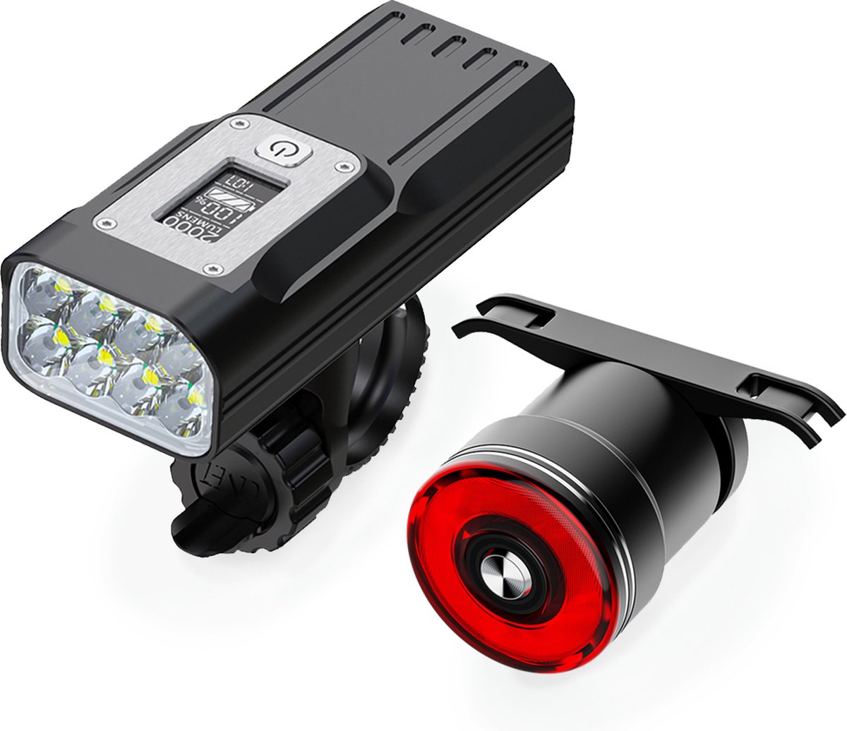 Lightyourbike ® ALPHA 2.000 & BRAKE - Fietsverlichting USB Oplaadbaar - Fietslamp & Fiets achterlicht - LED Fietsverlichting set - 2.000 Lumen & 10.000 mAh powerbank