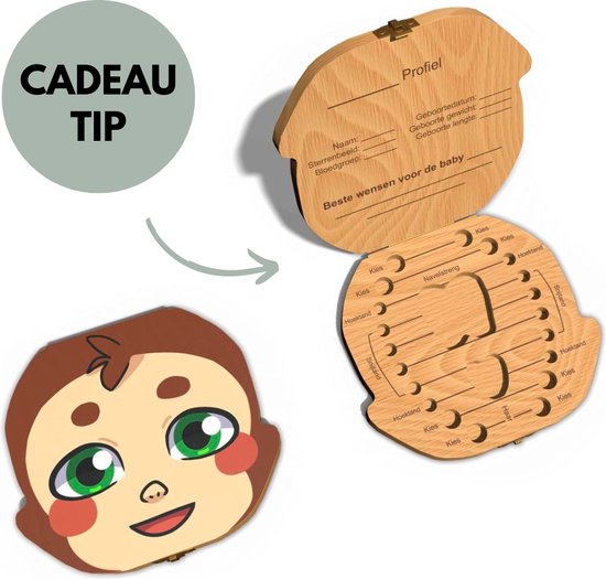 Een houten tandendoosje in de vorm van een apengezicht, naast een open houten doosje voor baby's melktanden en profielgegevens.