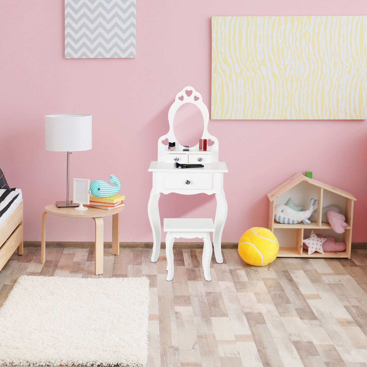 Relaxdays kinderkaptafel met spiegel en krukje - make up tafel meisje