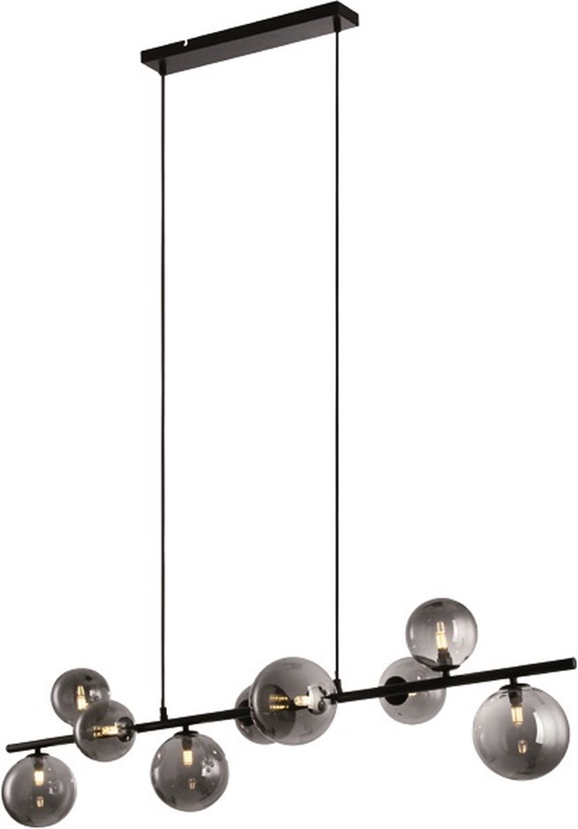 Freelight Hanglamp Calcio 9 Lichts L 125cm Excl. 9x G9 Led Rook Glas Zwart