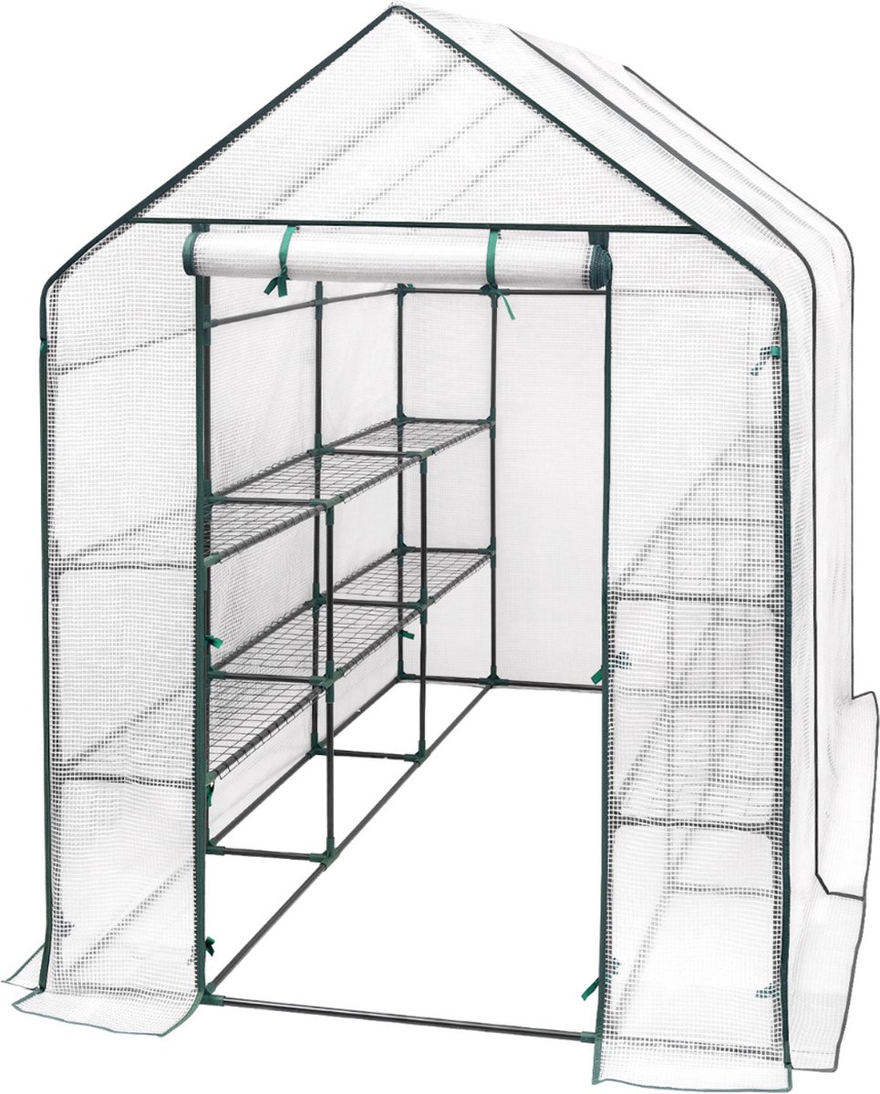 Broeikas XL - Kweekbak 18 Schappen - Kweekkast Met Folie - Tuinkas Muurkas UV-Bestendigd - Wit